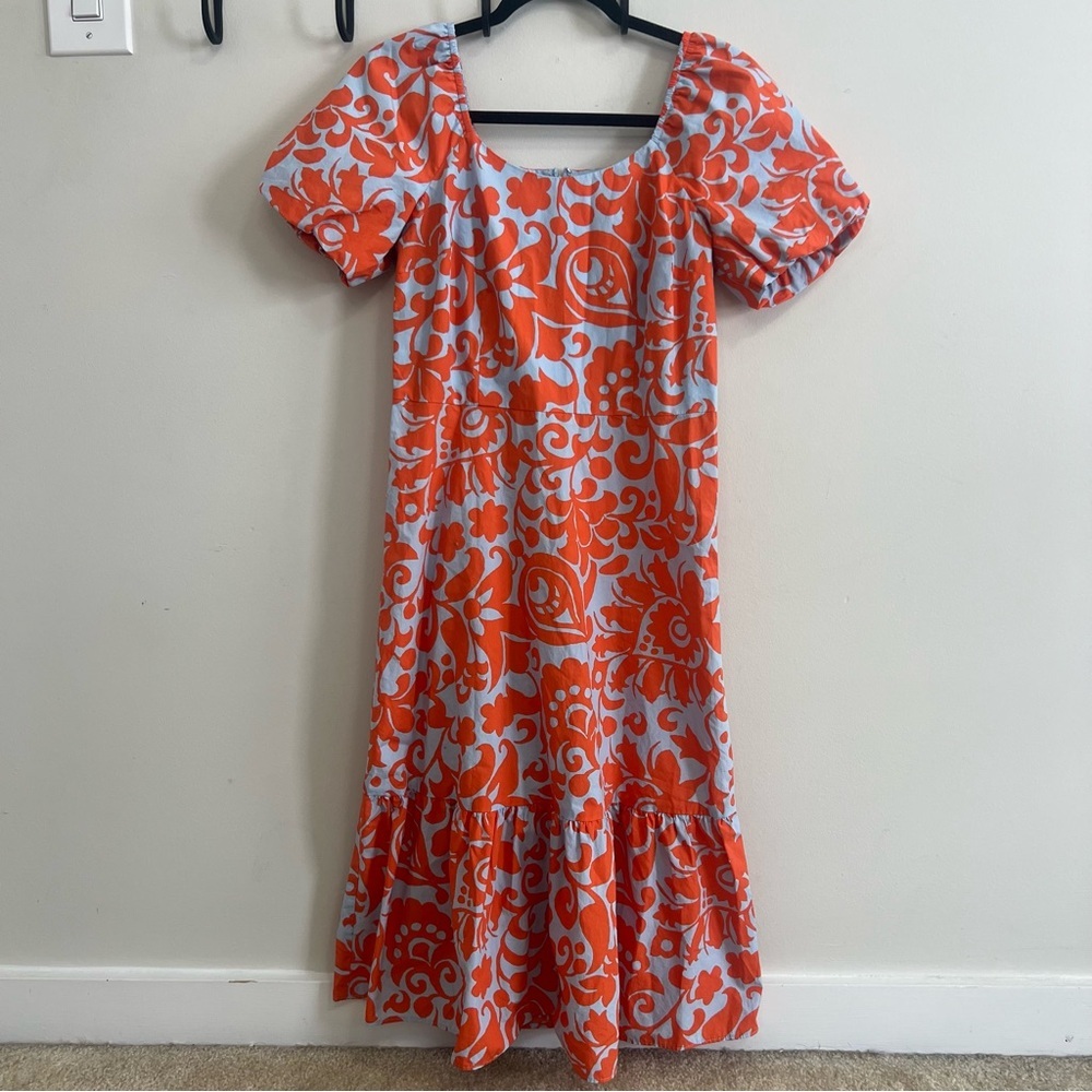 Talbots Orange Floral Puff Sleeve Poplin Midi Dress Spring Cotton Resortwear - Picture 2 of 10